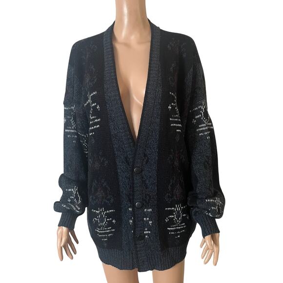 Vintage Expressions Cardigan Sweater Unisex XL Black Gray Knit Acrylic Oversized - Picture 14 of 15